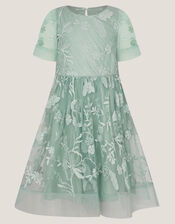 Montecarlo Floral Embroidered Party Dress, Green (SAGE), large