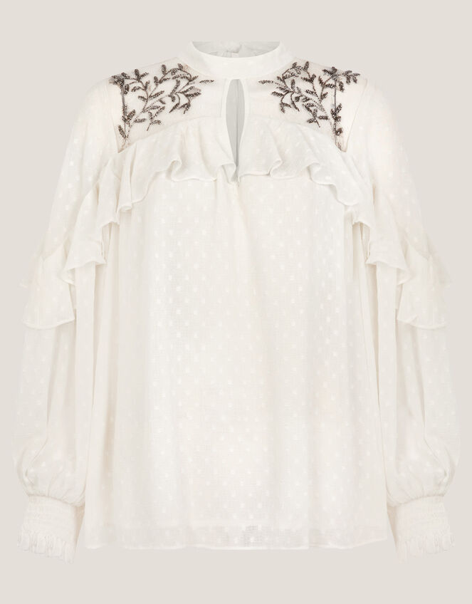Debbie Embellished Polka Dot Ruffle Blouse, Ivory (IVORY), large