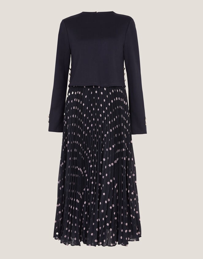 Daisy Spot Pleated Midi Dress, Blue (NAVY), large