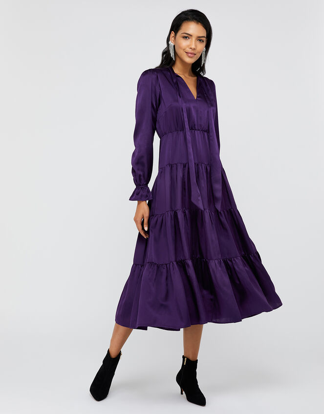 Violet Tiered Midi Dress in Silk Blend, Purple (PURPLE), large