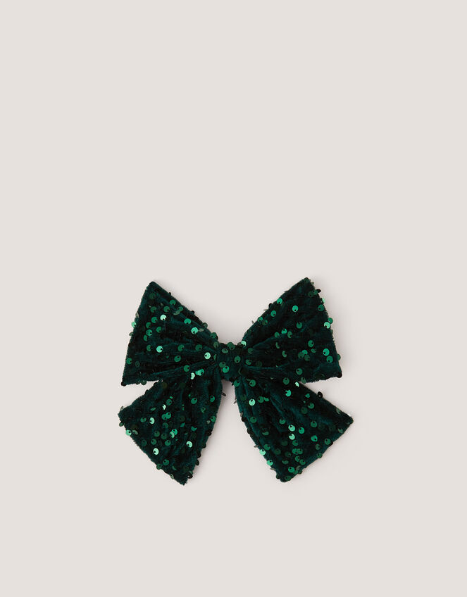 Sequin Velvet Bow Clip, Green (GREEN), large