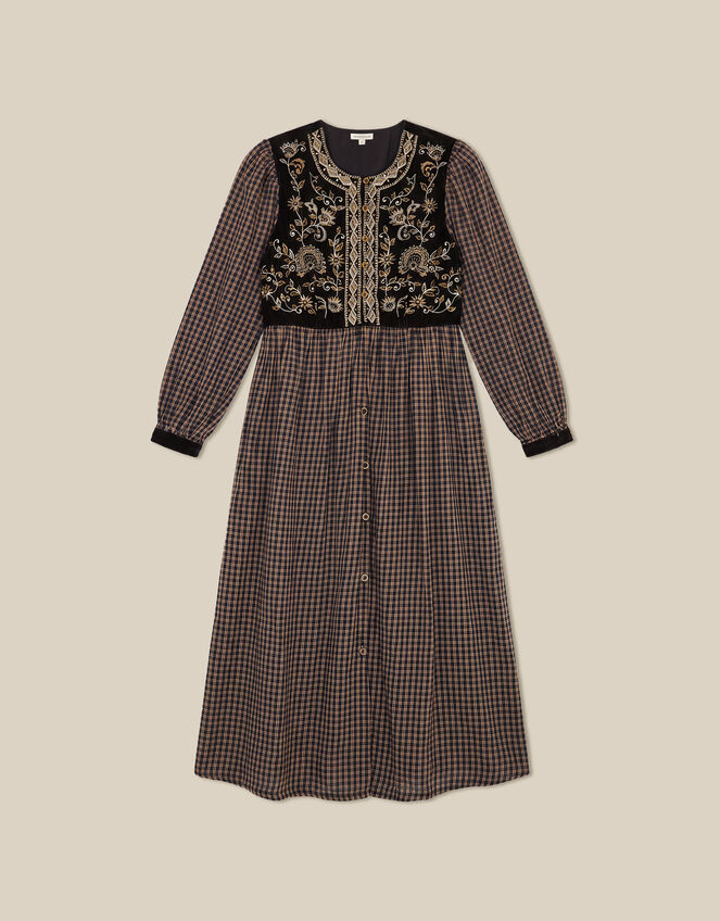 Elise Embroidered Check Print Midi Dress, Black (BLACK), large