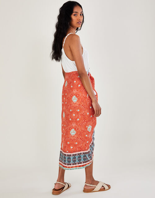 Print Wrap Skirt in Sustainable Linen, Orange (ORANGE), large