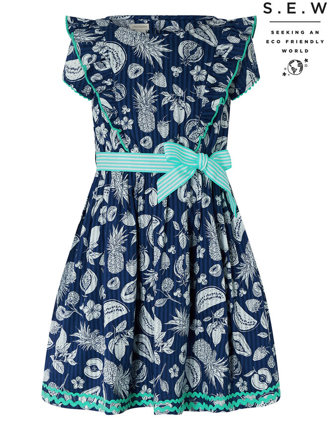 Naomi Fruit Print Dress in Organic Cotton, Blue (NAVY), large