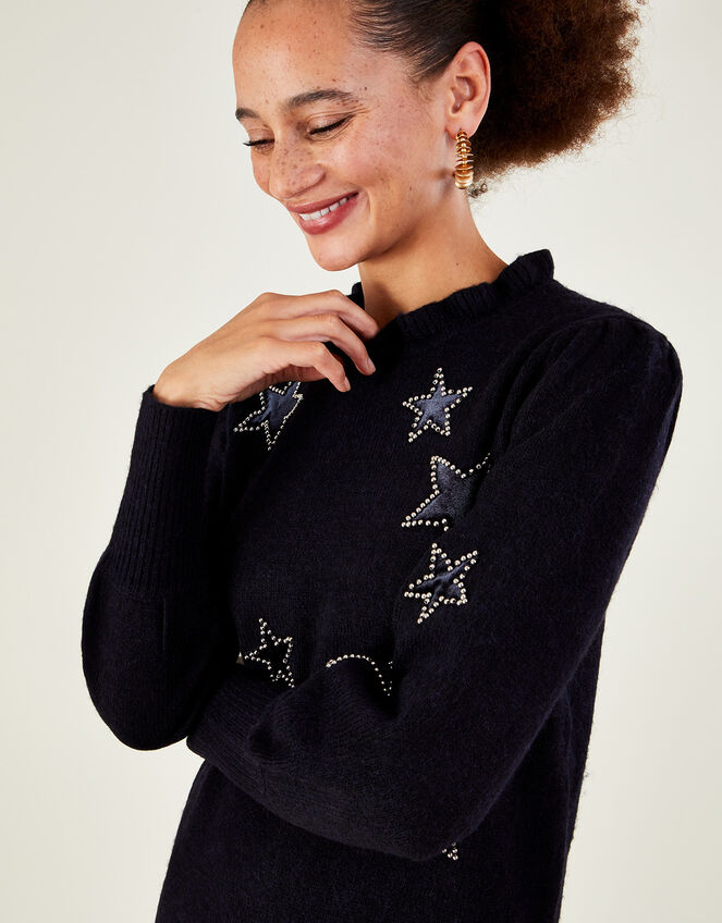 Velvet Star Knitted Dress with Recycled Polyester, Blue (NAVY), large