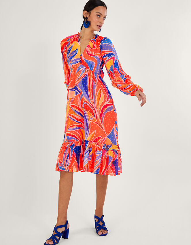 Ariel Print Tiered Dress in Sustainable Viscose, Orange (ORANGE), large