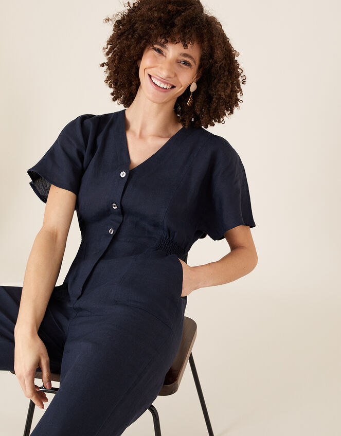 Poppy Cropped Jumpsuit in Pure Linen, Blue (NAVY), large