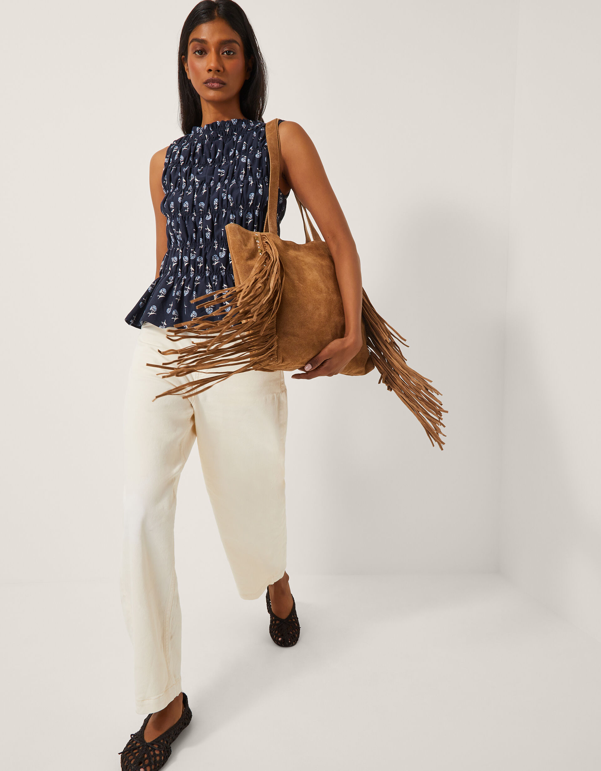 Denis Sleeveless Smocked Floral Top Blue