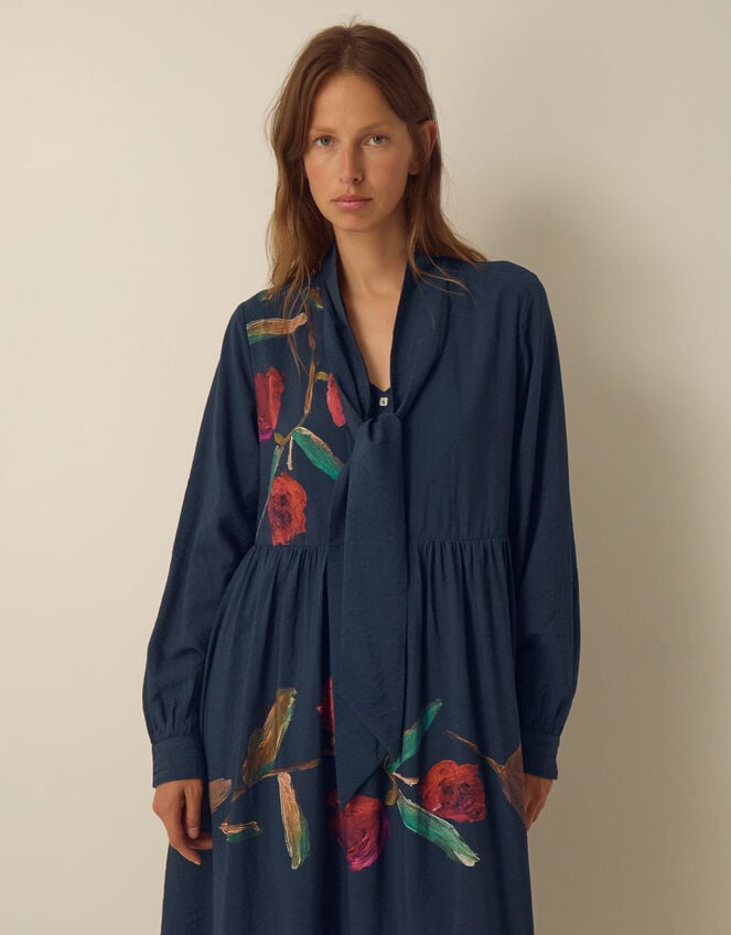 East Freddie Tie Neck Floral Placement Print Midi Dress, Blue (NAVY), large