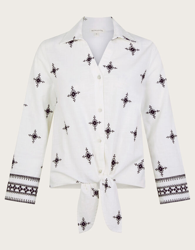 Eleanor Embroidered Tie Shirt, Ivory (IVORY), large