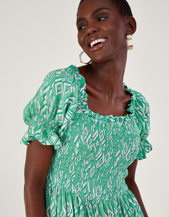 Gigi Print Bardot Maxi Dress in Sustainable Viscose, Green (GREEN), large