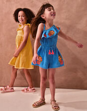 One Shoulder Floral Embroidered Playsuit, Blue (BLUE), large