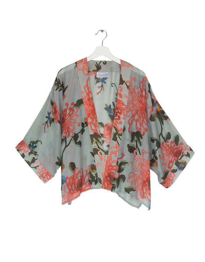 One Hundred Stars Floral Print Short Kimono, Blue (AQUA), large
