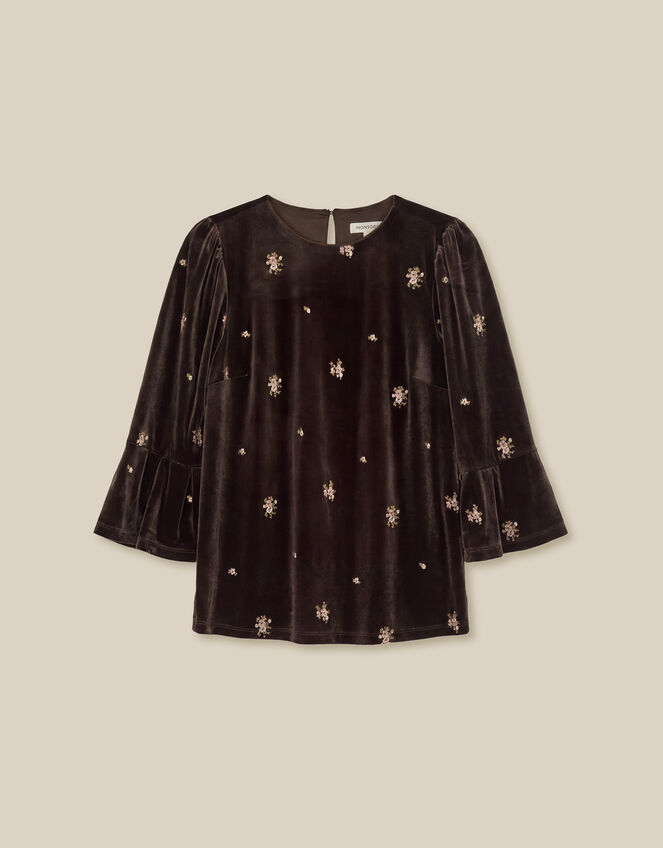 Emilee Flute Sleeve Embroidered Velvet Top, Brown (CHOCOLATE), large