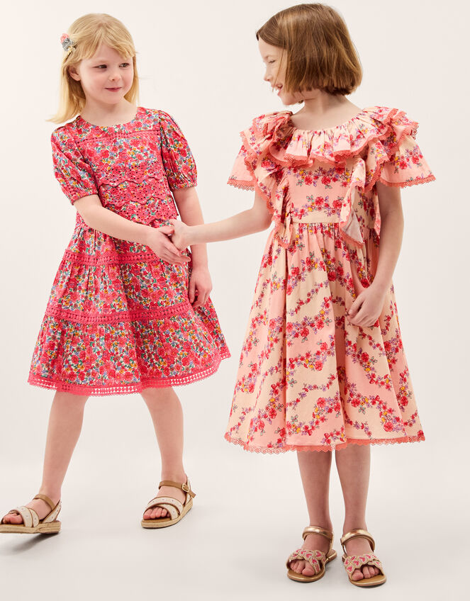 Floral Lace Trim Frill Dress, Pink (PINK), large