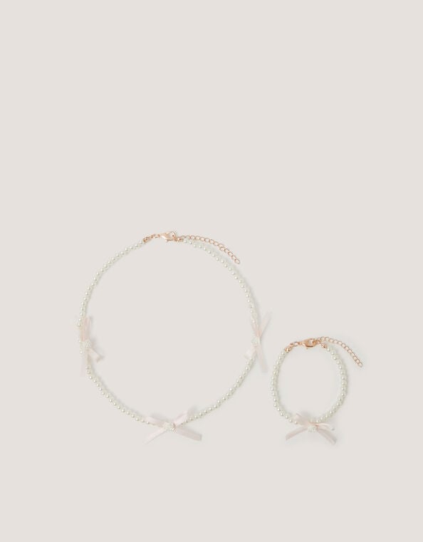 Rose Bow Pearl Necklace & Bracelet Set, , large