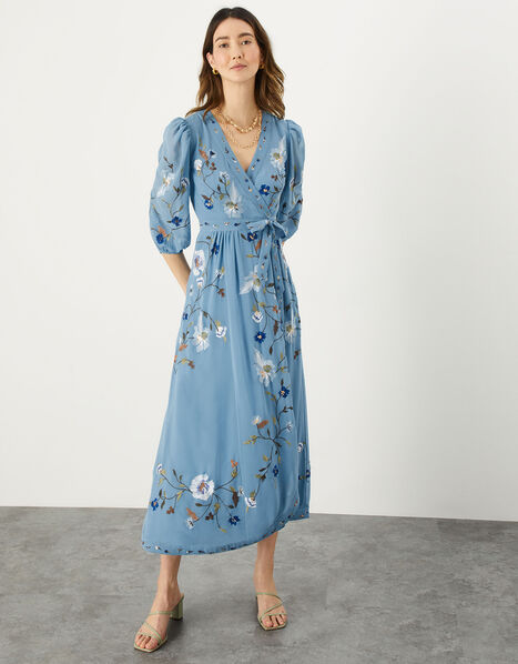 Willa Embroidered Wrap Dress in Recycled Polyester Blue, Blue (BLUE), large