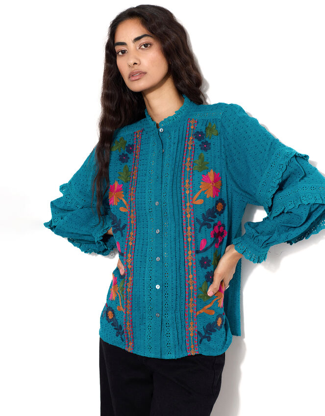 East Embroidered Ruffle Sleeve Blouse, Green (GREEN), large