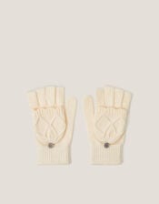 Diamond Fingerless Gloves with Mittens, Ivory (IVORY), large