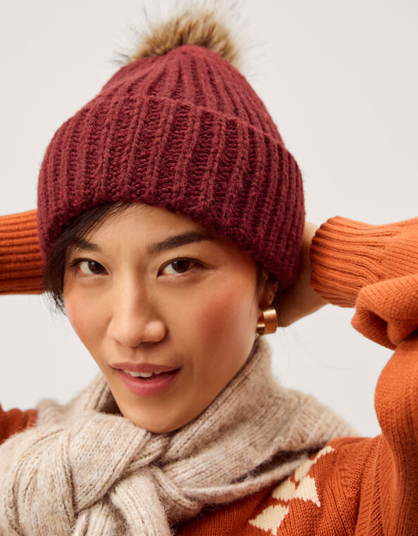 Dede Faux Fur Bobble Beanie Hat, Red (BURGUNDY), large