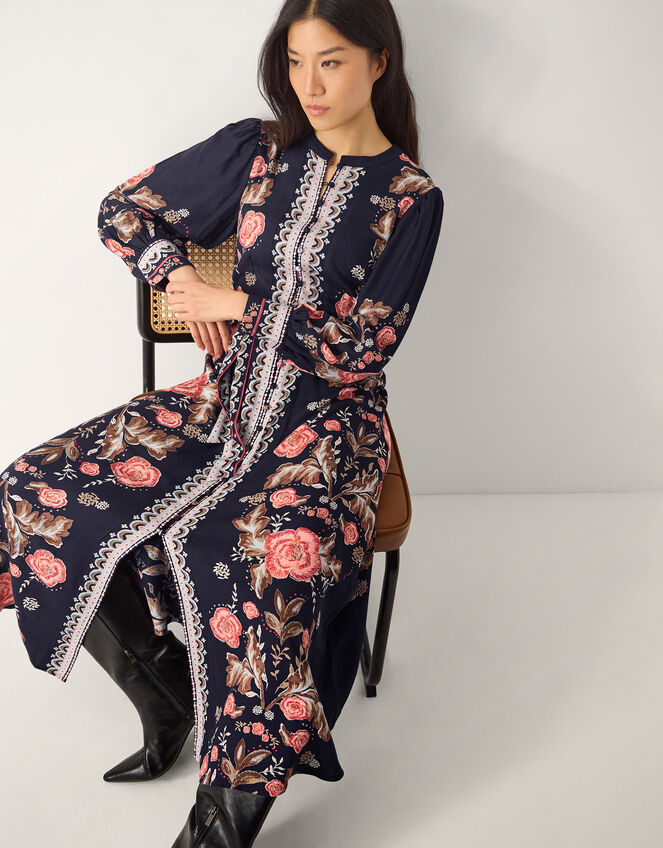 Rosalie Blouson Floral Print Midi Dress, Blue (NAVY), large