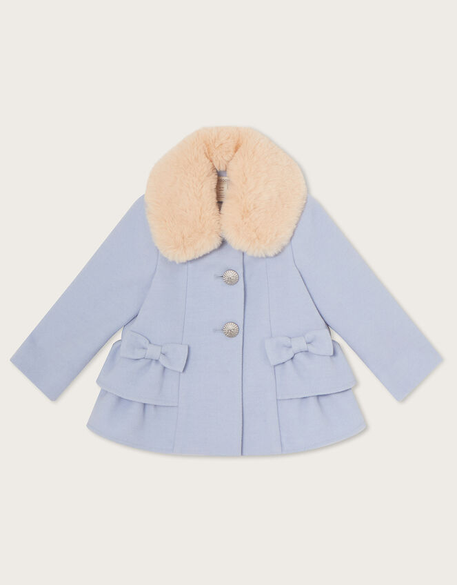 Baby Bow Skirted Hem Coat with Faux Fur Collar Blue