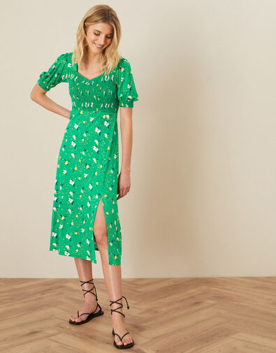 Nicky Floral Shirred Jersey Dress Green, Green (GREEN), large
