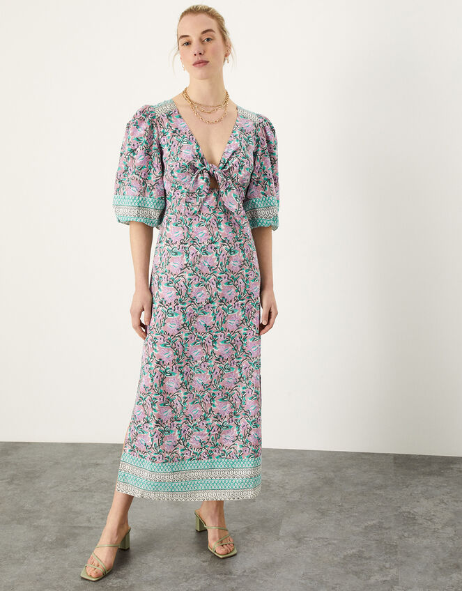 Floral Woodblock Knot Front Dress in Sustainable Cotton Pink