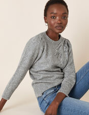 Embellished Shoulder Knit Jumper, Grey (CHARCOAL), large