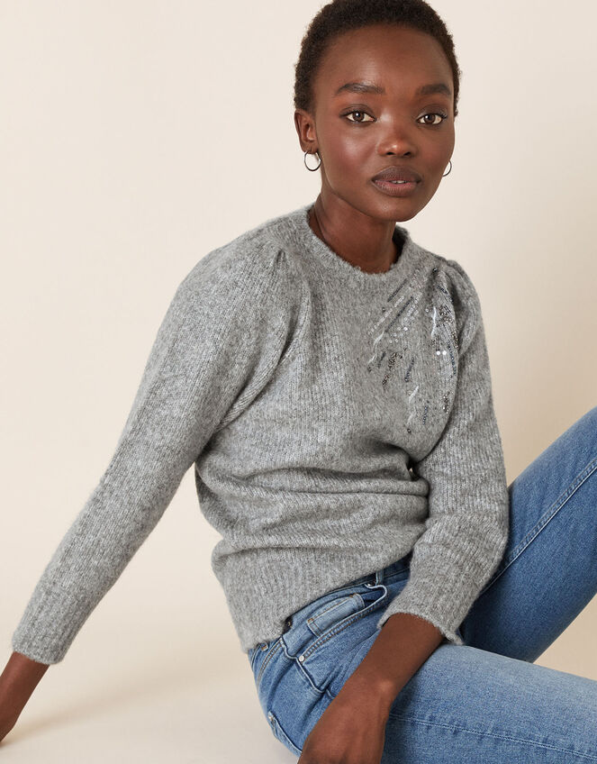 Embellished Shoulder Knit Jumper, Grey (CHARCOAL), large
