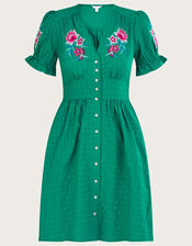 Embroidered Knee Length Dress in Sustainable Cotton, Green (GREEN), large