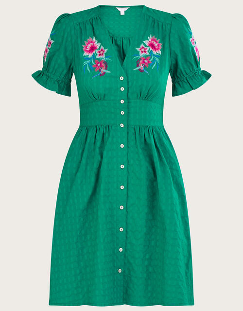 Embroidered Knee Length Dress in Sustainable Cotton, Green (GREEN), large