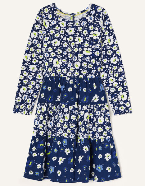 Floral Mix Tiered Jersey Dress Blue, Blue (NAVY), large