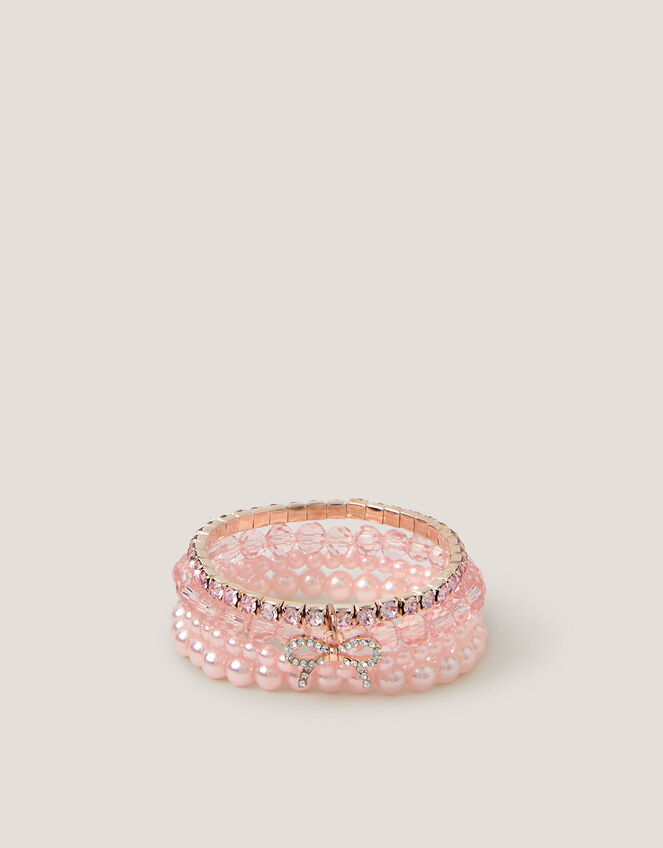 4-Pack Bow Pearl Bracelets, Pink (PINK), large