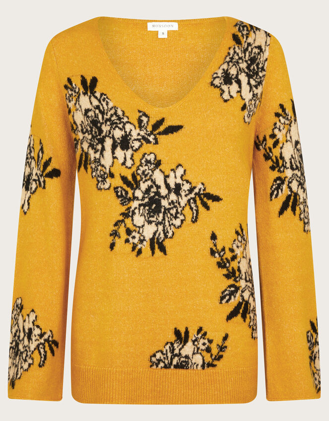 Jess V-Neck Floral Jacquard Jumper, Yellow (OCHRE), large