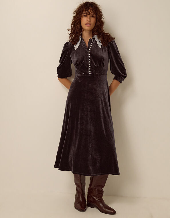 Leith Lace Collar Velvet Midi Dress, Brown (CHOCOLATE), large
