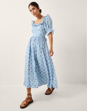 The India Edit Matilda Printed Puff Sleeve Midi Dress, Blue (BLUE), large
