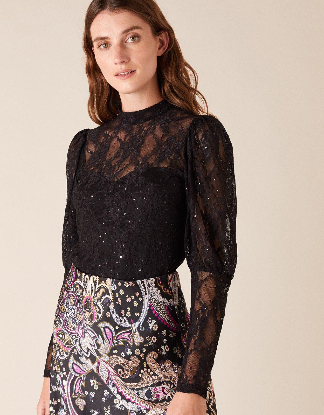 Layla Sequin Stretch Lace Top Black