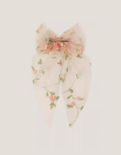 Floral Embroidered Mesh Bow Hair Clip, , large
