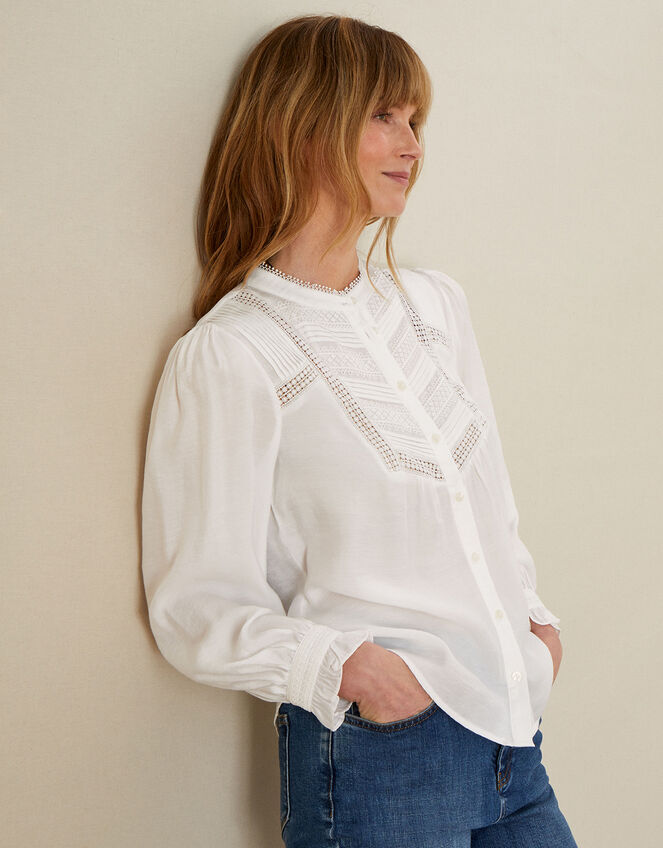 Verna Lace Insert Plain Blouse, Ivory (IVORY), large