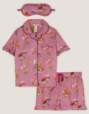 Floral Satin Short Pyjamas & Eye Mask Set, Purple (LILAC), large