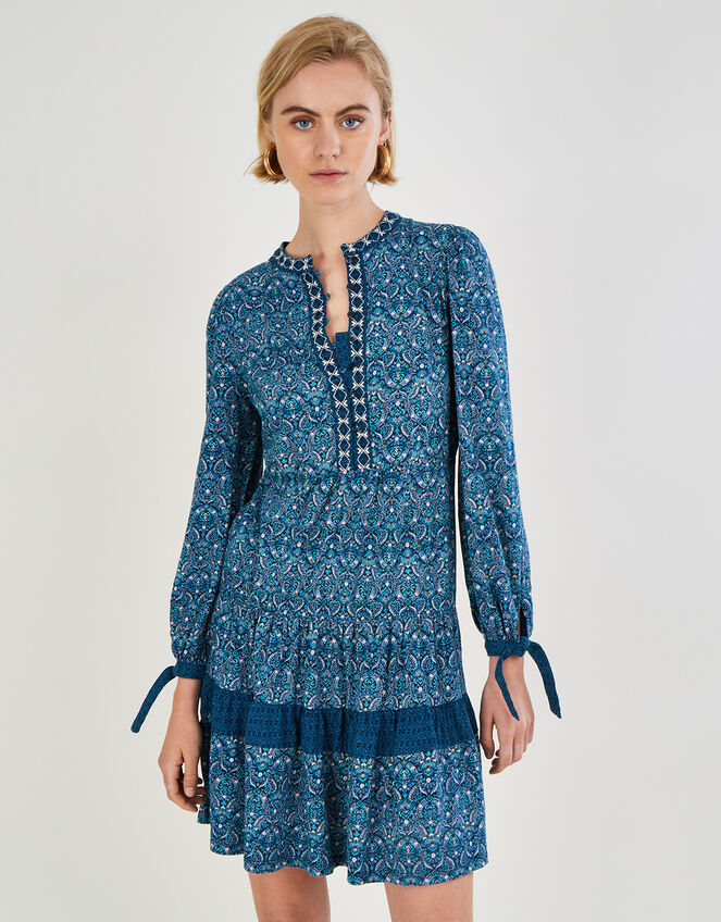 Paisley Print Jersey Smock Dress, Blue (NAVY), large