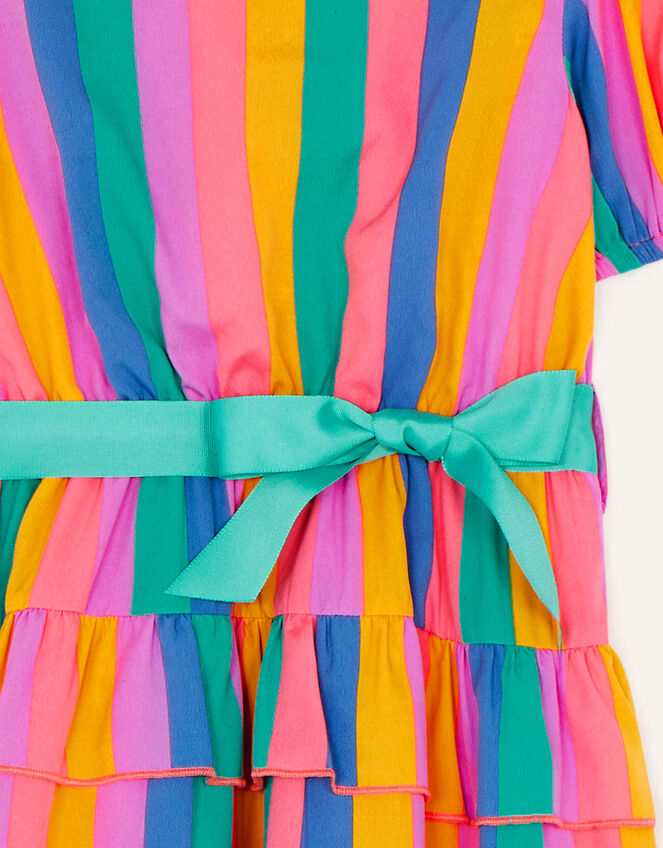 Bold Stripe Ruffle Shoulder Dress, Green (GREEN), large
