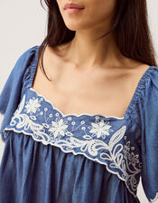 Isla Short Sleeve Embroidered Denim Top, Blue (DENIM BLUE), large