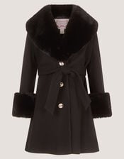 Faux Fur Collar Belted Coat, Black (BLACK), large
