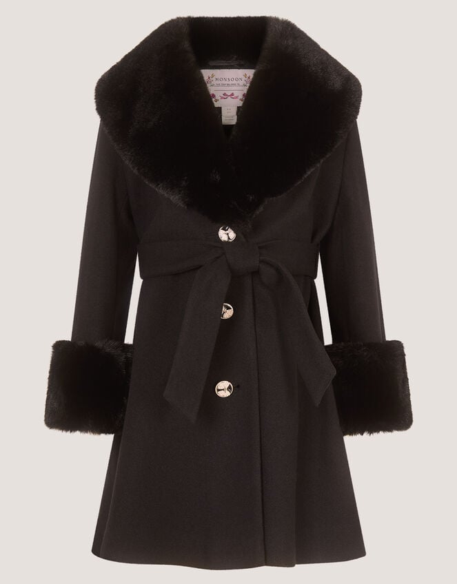 Faux Fur Collar Belted Coat, Black (BLACK), large