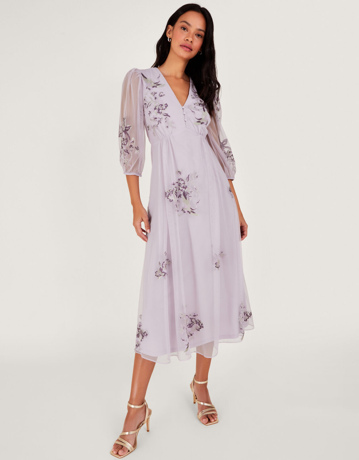 Karen Embroidered Dress in Recycled Polyester Purple Evening Dresses Monsoon UK