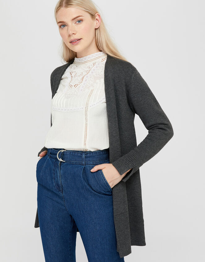 Leela Longline Cardigan, Grey (CHARCOAL), large