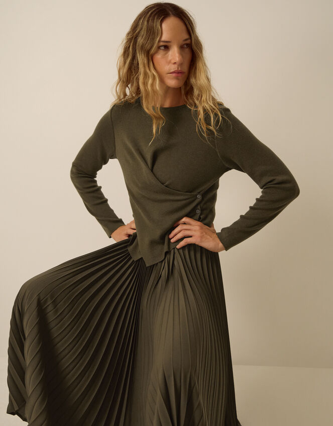 Fiz Drape Pleated Midi Dress, Green (KHAKI), large