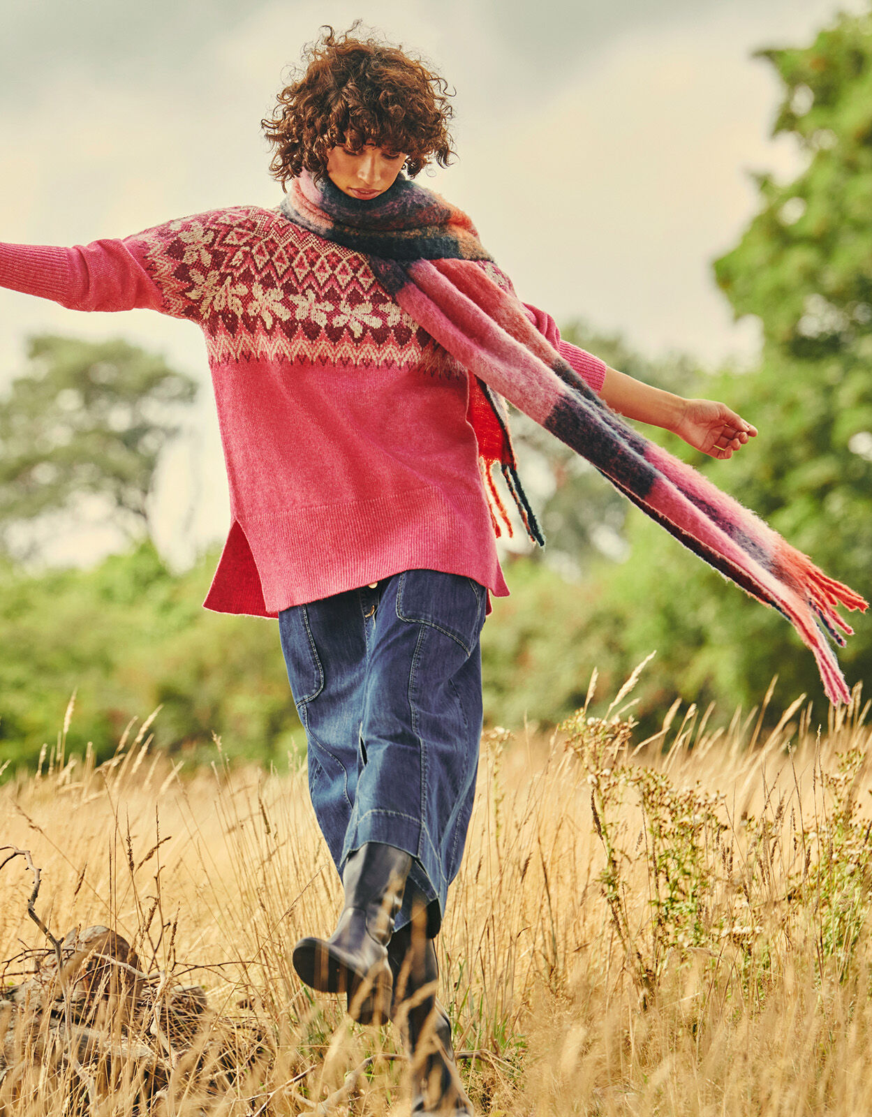Fair Isle Longline Jumper with Recycled Polyester Pink Jumpers